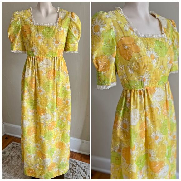 VINTAGE 60s 70s Yellow Floral Prairie Maxi Dress Puff Sleeve Square Neck Daisy S - Picture 1 of 16